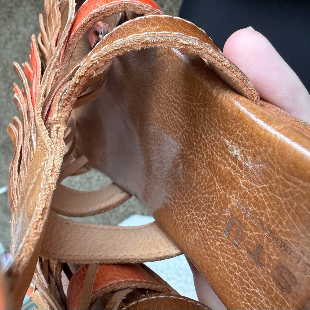 Bed Stu Brown Leather Fringe Sandals with Red Accents - Picture 6 of 8